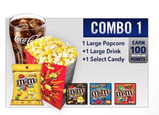 Combo 1 1 regular popcorn 1 regualr drink 1 select candy